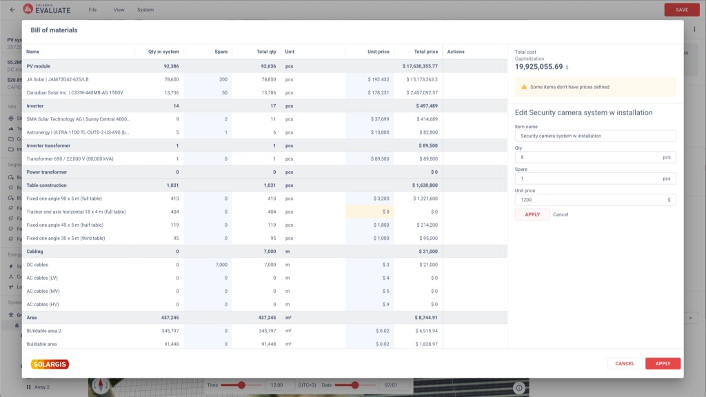 Energy System Designer Interactive Bill of Materials