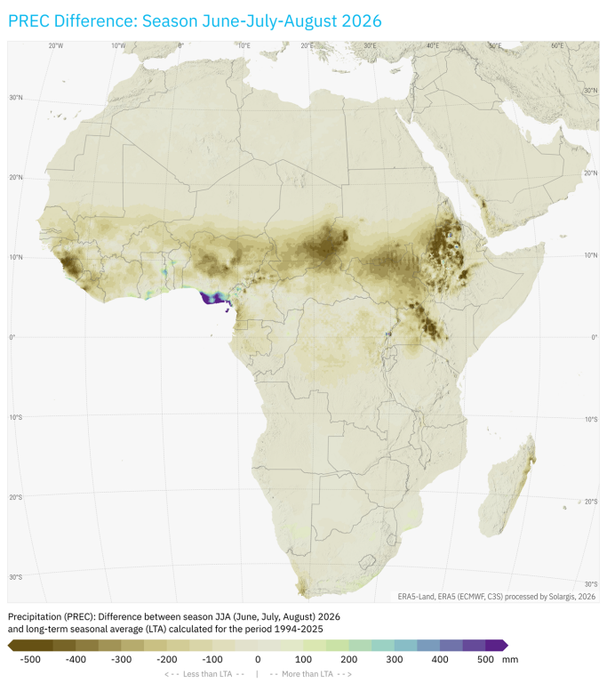 PRECdiff 2026JJA vs LTA africa 1