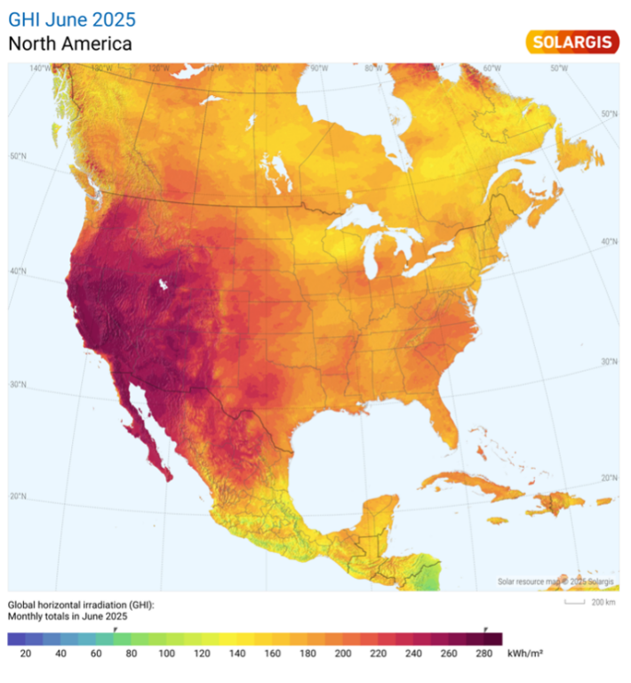 June global horizonal irradiation USA – showing potential of 280 kWh m2