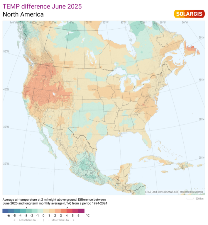 Map showing temperature difference in North America in June 2025